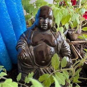 VTG ESCO Antique Brown Buddha Figurine 4.5 Ceramic Japanese with sticker 1960s